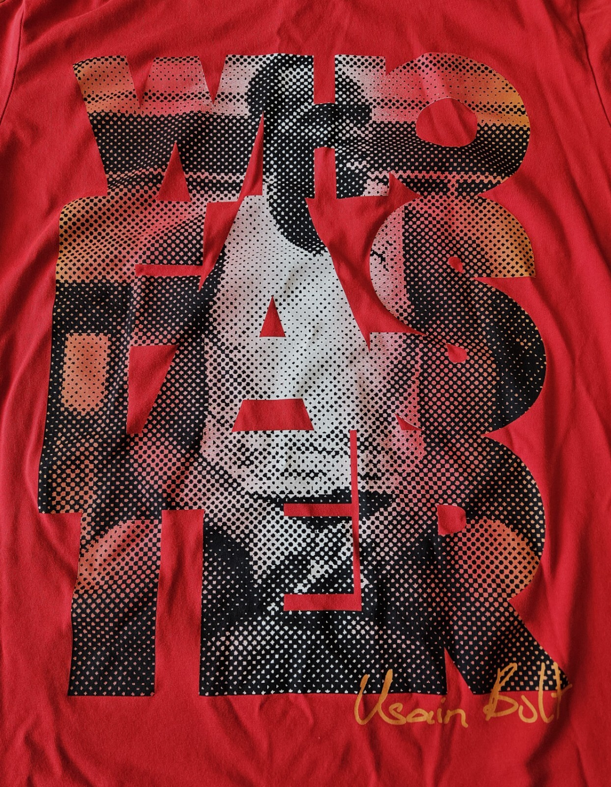 Usain Bolt Who Faster T-Shirt, Red/Orange, Size XL thumbnail 2