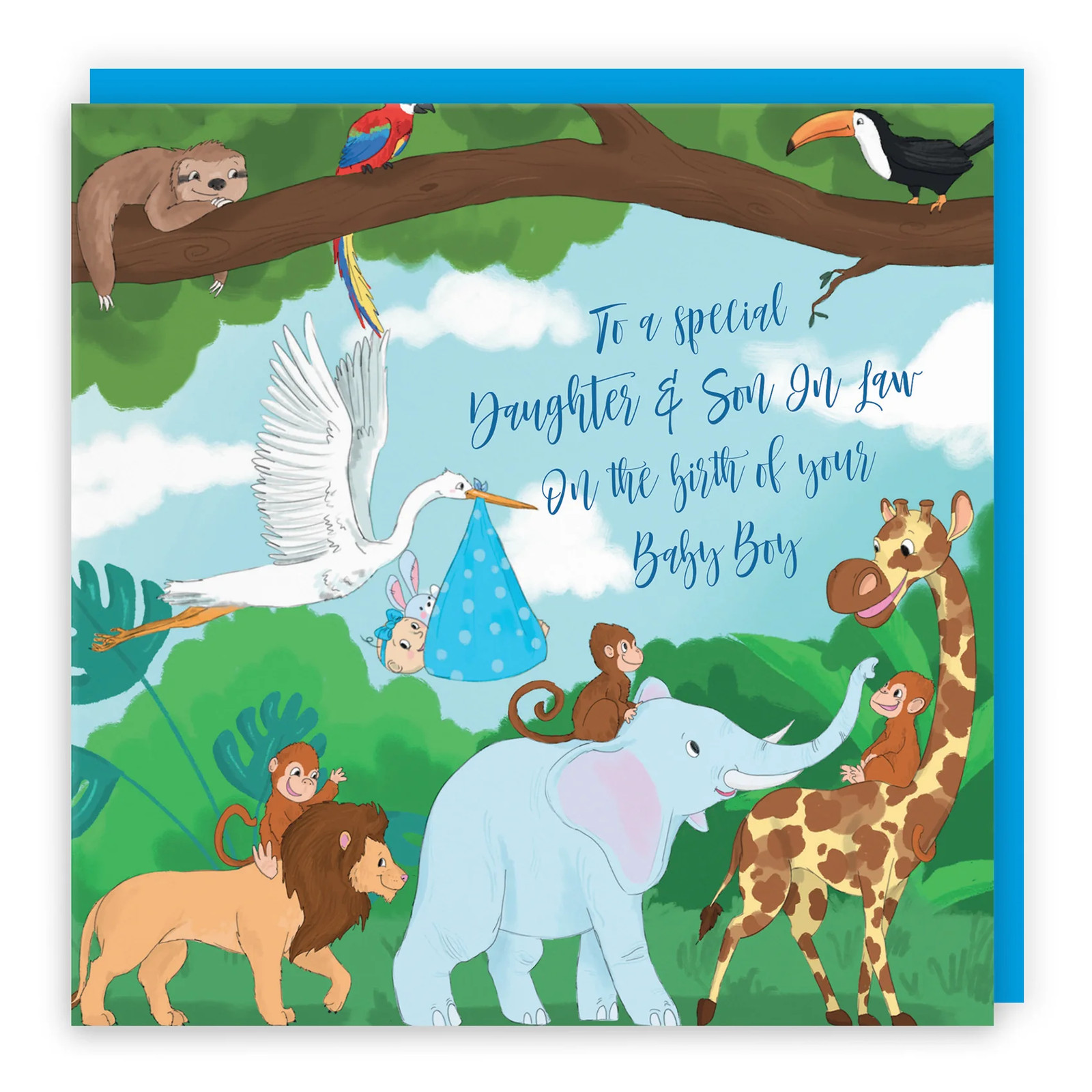 Daughter And Son In Law New Baby Boy Congratulations Card Stork Jungle