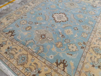 Tapis Oushak bleu noué à la main tapis en laine turque pour salon 9 x 12 - Photo 1/4