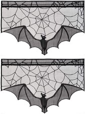 2Pcs Halloween Spiderweb Bats Black Lace Curtains Decorations Indoor Spider Web