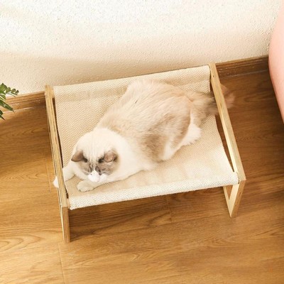 Katzenhängemattenbett Atmungsaktiv Stoff Katzencouch Kätzchen Ruhebett Holz Erhöht Katze