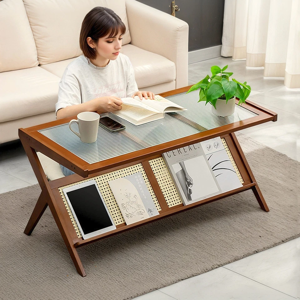 Modern Rattan Coffee Table with Glass Top,Large Boho Center Table with Storage - Image 3 of 4