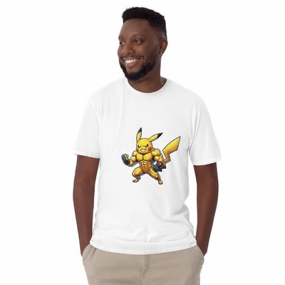 White Muscular Pikachu Graphic Short Sleeve T-Shirt Men's Size M Cotton