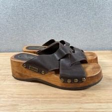 Vtg Y2K Brown Leather Candies Wood Platform Sandals Clogs Sz 8 Hippie Woodstock