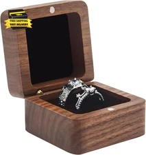 Wooden Ring Box for Wedding Ceremony 2 Slots,Small Square Solid Wood Double Ring