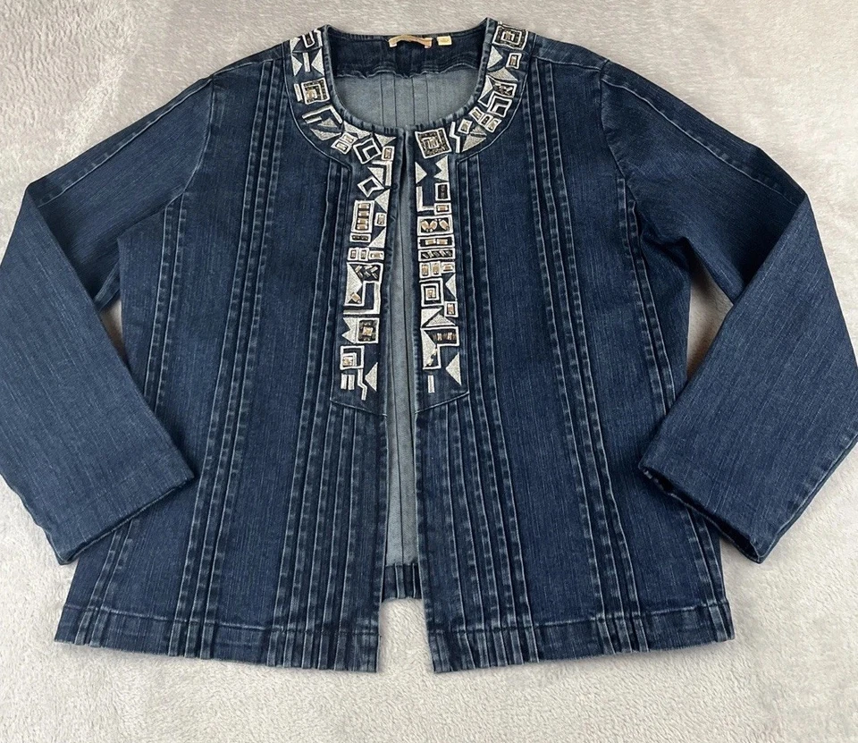 Choices Mujer Denim Frente Abierto Azul Estrás Bordado Chaqueta Talla Grande Foto 2 de 4