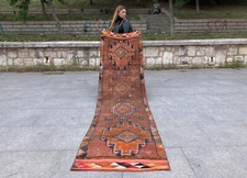 TRIBAL TURKISH VINTAGE HANDKNOTTED RUNNER RUG WOOL ANTIQUE HANDMADE RUNNER RUG