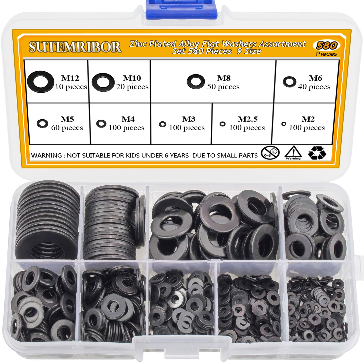 Black Zinc Plated Alloy Steel Flat Washers Set 580 Pieces, 9 Sizes -