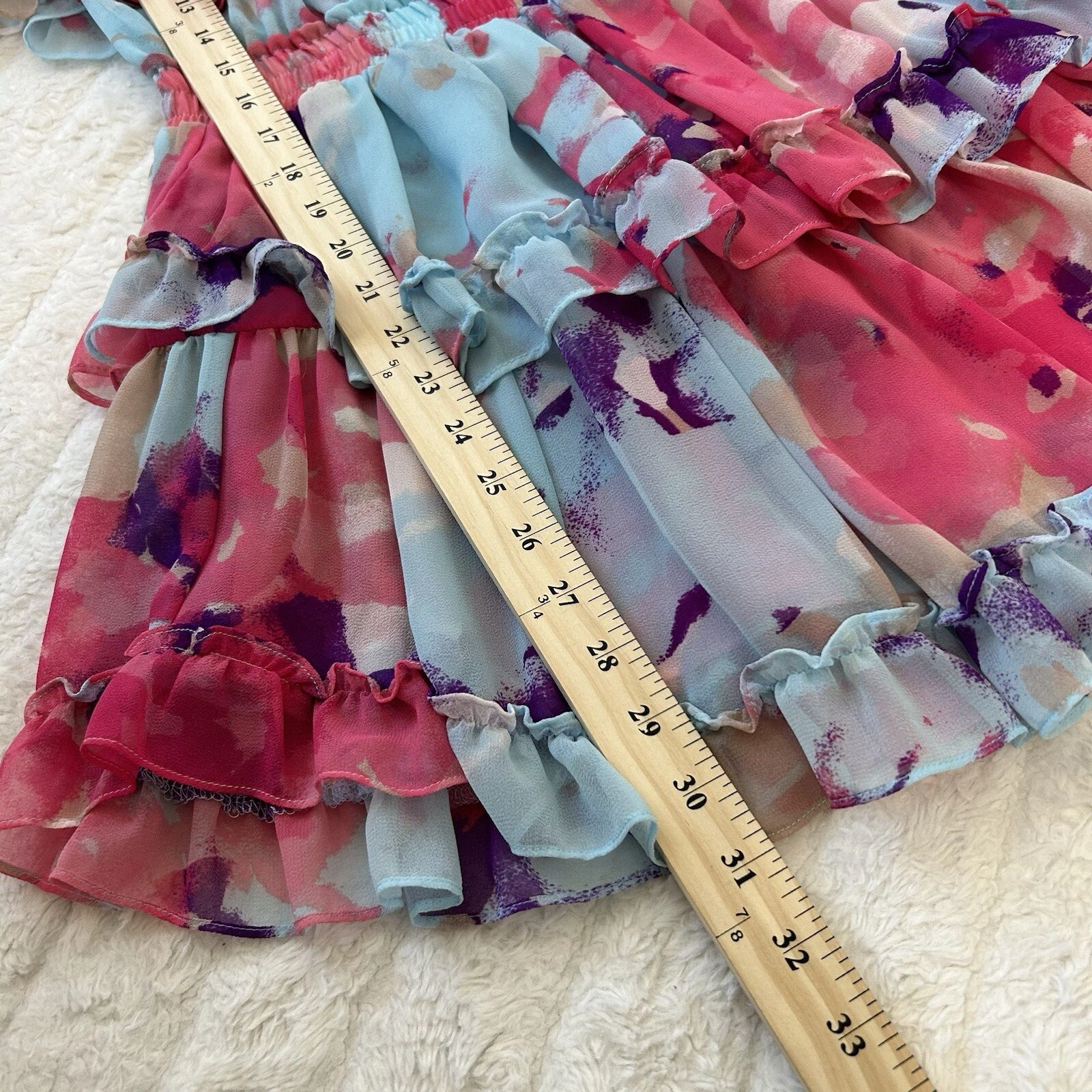 PALM ANGELS MISA Los Angeles Isella mini abito floreale con volant taglia S rosa blu multi floreale divertente