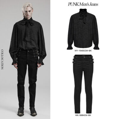 Punk Rave Men Slim Fitting Straight Leg Jeans Buckle Decor Black Denim Trousers