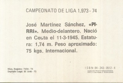 Carte Pirri Real Madrid - Championnat De Ligue 1973-74 FHER (Panini)