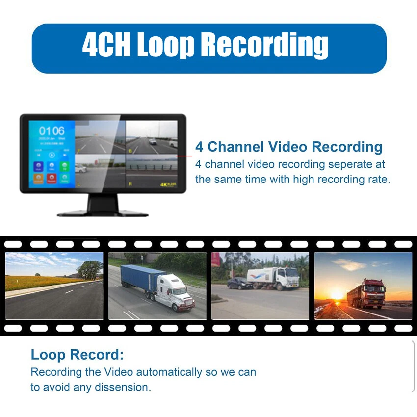 10" Quad Monitor 360° Parking System DVR Backup HD Cameras 1080P For Truck RV - Image 2 of 4