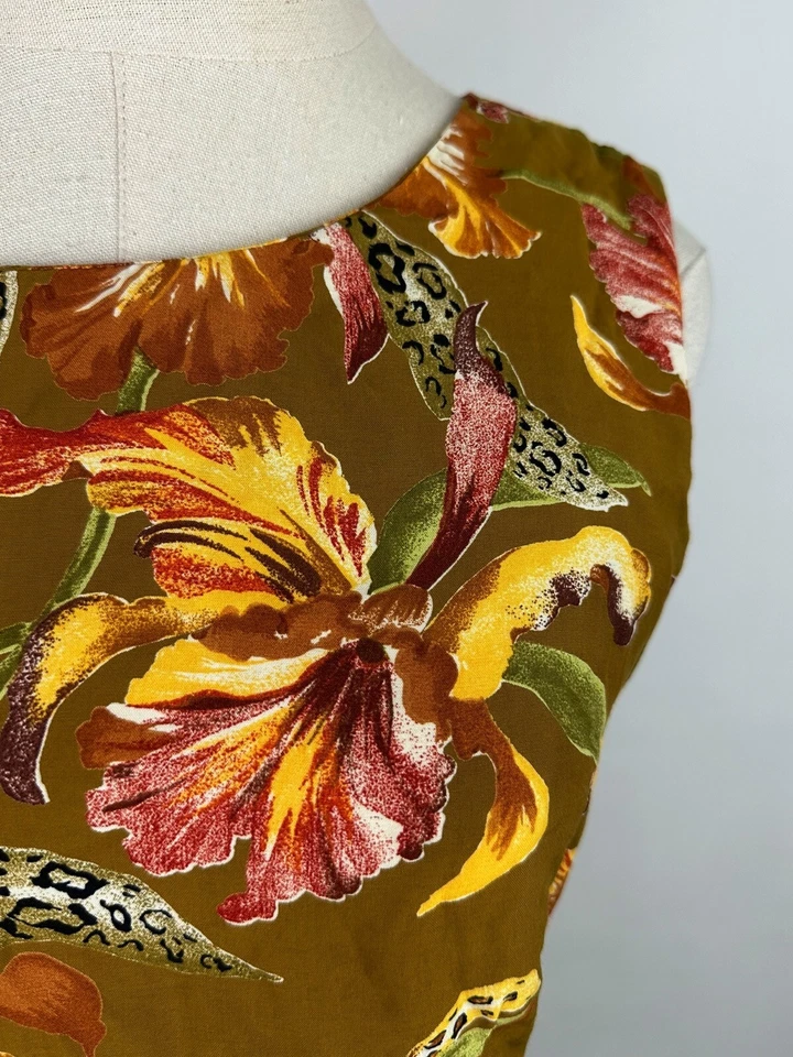 Blusa Tanque Vintage Años 90 S Marrón Tostado Rayón Tropical Floral Leopardo Hawaiano Boho  Foto 3 de 4