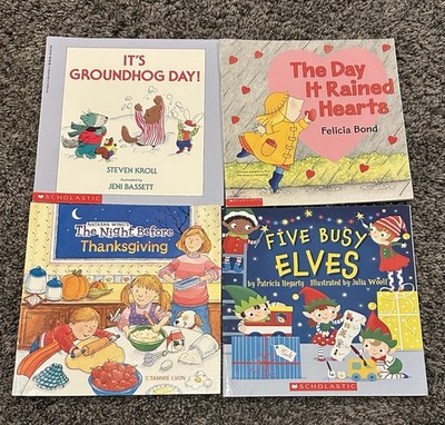 Lot of 4 Scholastic Childrens Picture Books Groundhog Day Thanksgiving Elves