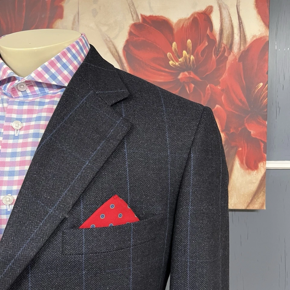 Brooks Brothers 羊毛羊绒西装外套男式 42R 海军蓝人字形格子法兰绒 — 第 4/4 张图片