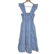 Quince Tribeca Stripe Smocked Midi Dress Blue Organic Cotton Size S