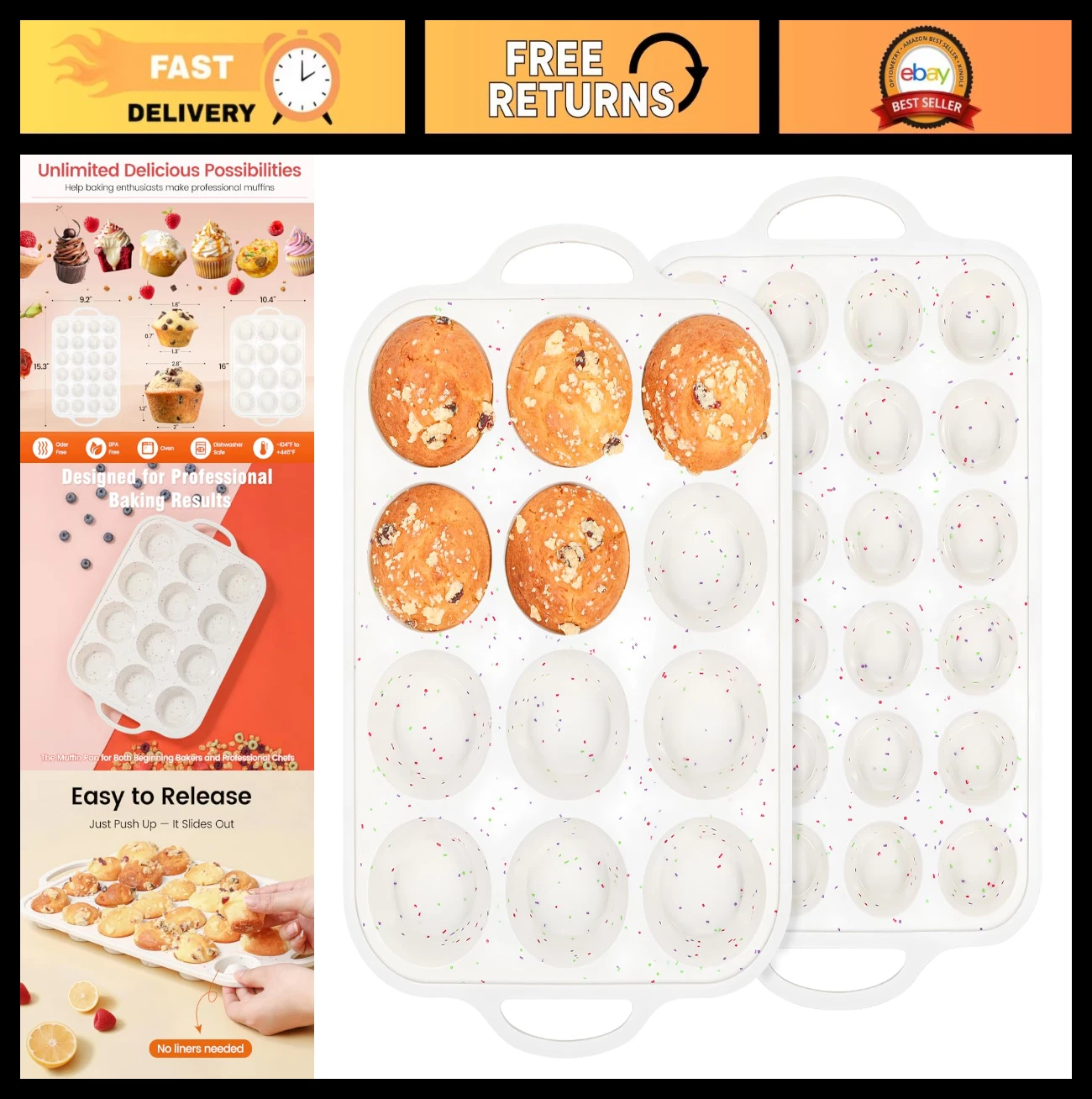 12-Cup Silicone Muffin Pan Set - Metal Reinforced, Oven & Dishwasher Safe, Rainb