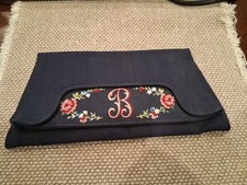 Vintage Majestic - Blue, Embroidered "B" Floral Fabric Envelope Clutch Purse