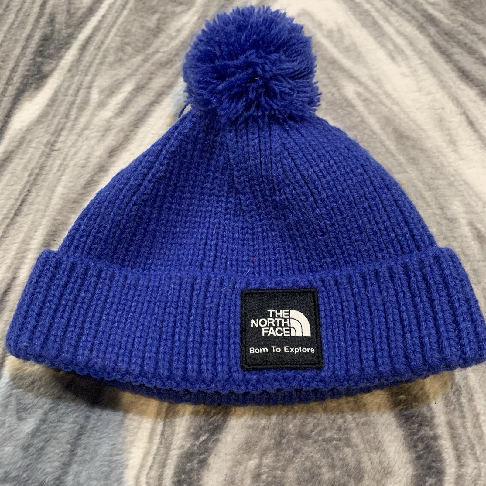 The North Face Infant Pom Beanie Hat Blue Fleece Lined Winter 6-24M