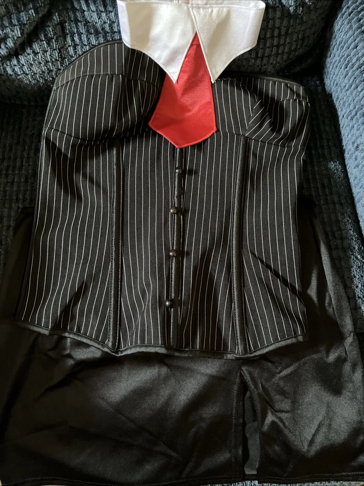 Sexy Disfraz de Halloween para Mujer CEO Negro Cremallera Corsé y Falda con Corbata Roja Foto 2 de 4