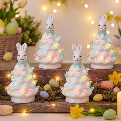 Leinuosen 6 Set Mini 4 Inch Easter Bunny Ceramic Tabletop Tree with LED White