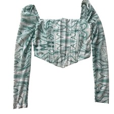 Princess Polly Swirl Print Mesh Corset Top Long Sleeve Square Neck Green White
