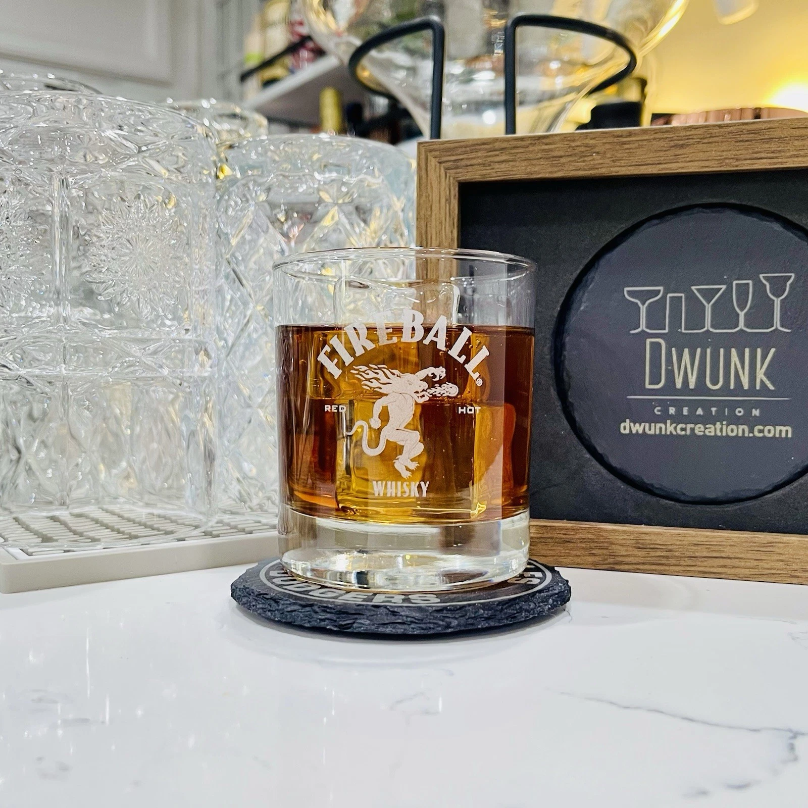 Engraved Fireball Rocks Glass