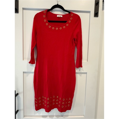 Calvin Klein Red Knit Midi Dress with Gold Eyelet Trim