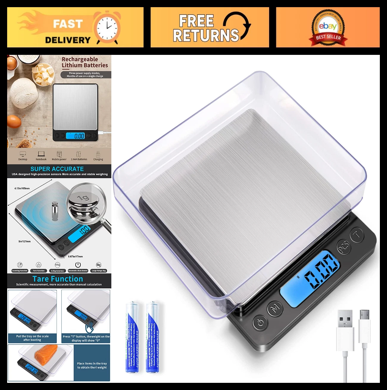 High Precision Digital Kitchen Scale 1000g x 0.01g - USB Rechargeable, Tare Func