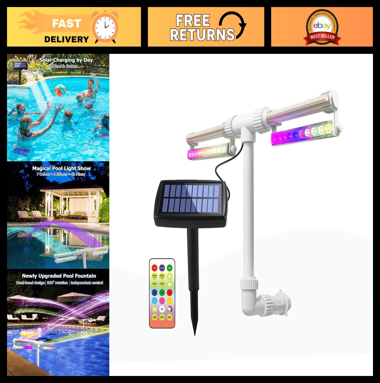Fuente Solar Piscina con 7 Colores RGB, 42 Efectos, Mando a Distancia, IP68 Waterpro
