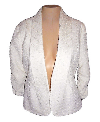 New Blazer, Linear, White Textured sequins Silver Shirred-Sleeves MSRP-$98.00 PM
