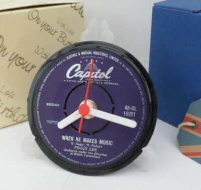PEGGY LEE CLOCK Side Table Desk Top Upcycled Vinyl Record Hit JAZZ Single 4''