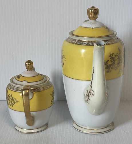 Genuine MK porcelain teapot & sugar bowl yellow W/ Gold Gilt & Oval Garden Scene - Picture 2 of 12