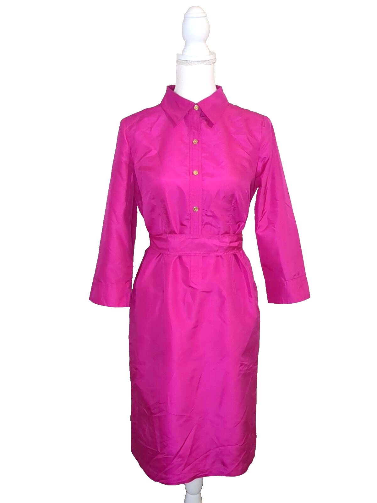 Talbots Women's Silk Fuchsia Pink Collared Button-Up Dress w/ pockets sz 4 $200