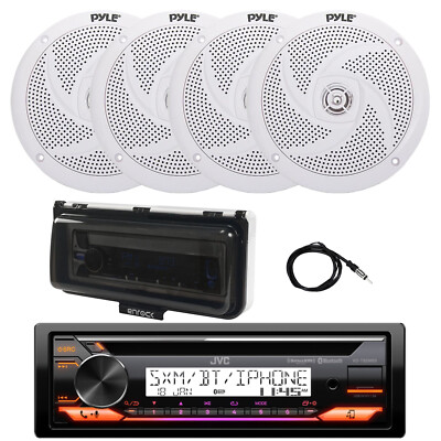 JVC KD-T92MBS Marine CD Receiver, 4x 8'' 320 Watt Speaker, Cover (White), Antenna