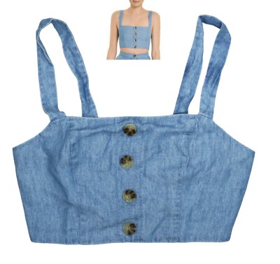 Show Me Your Mumu Adeline Button Accented Sleeveless Women's Crop Top S NWT Blue