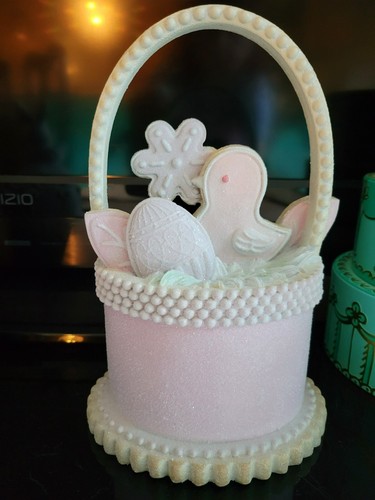 Pastel Pink Glitter Easter basket cake chick eggs cookies table decor new gift
