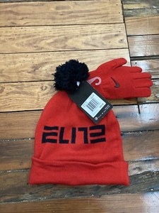 Nike Elite Boys Youth Knit Hat & Gloves Winter Set Beanie Red Retail $28 NWT