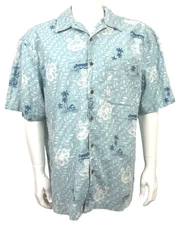 Vintage Hawaiian Shirt L Blue Island Palm Tiki Hut Plumeria Linen High Sierra