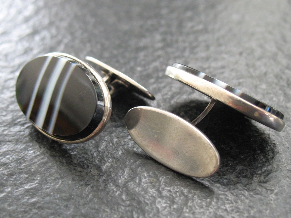 Manschettenknöpfe Silber 925 Schweden Hochfeine Handarbeit mit Streifenachat - Bild 2 von 4