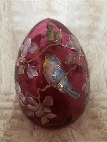 Rare Fenton Art Glass Hand Painted 5” Limited Edition Cranberry Egg Bird Floral