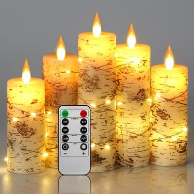 Da by LED Candles Hand Painted Birch Bark Recessed String Candles Set of 5 (H...
