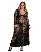 Plus Size Long Gown Lingerie Floral Lace Nightgown Lace Maxi 3X-4X Black