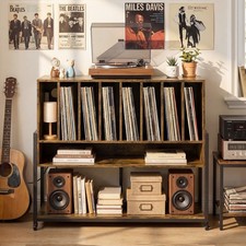 Record Player Stand w/ Charging Station, Turntable Stand w/Vinyl Storage Shelves