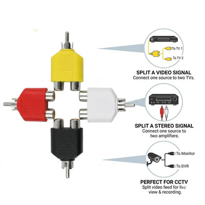 4x RCA Y Splitter AV Audio Video Adapter 1 Male to 2 Female Cable Plug Converter