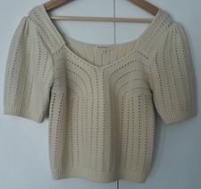 Women Cream Knit Sweater Top M Puff Sleeve Sh...