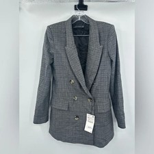 Zara Woman NWT Double Breasted Gray Checkered Blazer Jacket Size XS