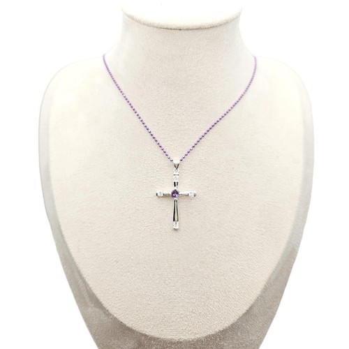 Sterling Silver Purple CZ Cross Necklace Pendant Adjustable Purple Glitter Chain - Picture 2 of 6