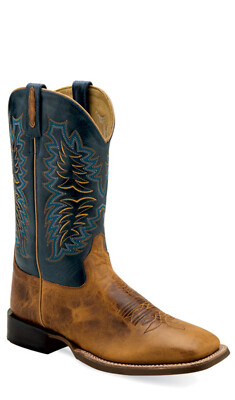 Old West Mens Broad Square Toe Burnt Brown/Navy Leather Cowboy