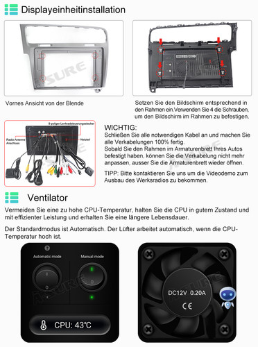 8-Core 4+64GB Android 14 Autoradio Carplay WiFi GPS Navi Für VW Golf 7 MK7 VII - Bild 11 von 13